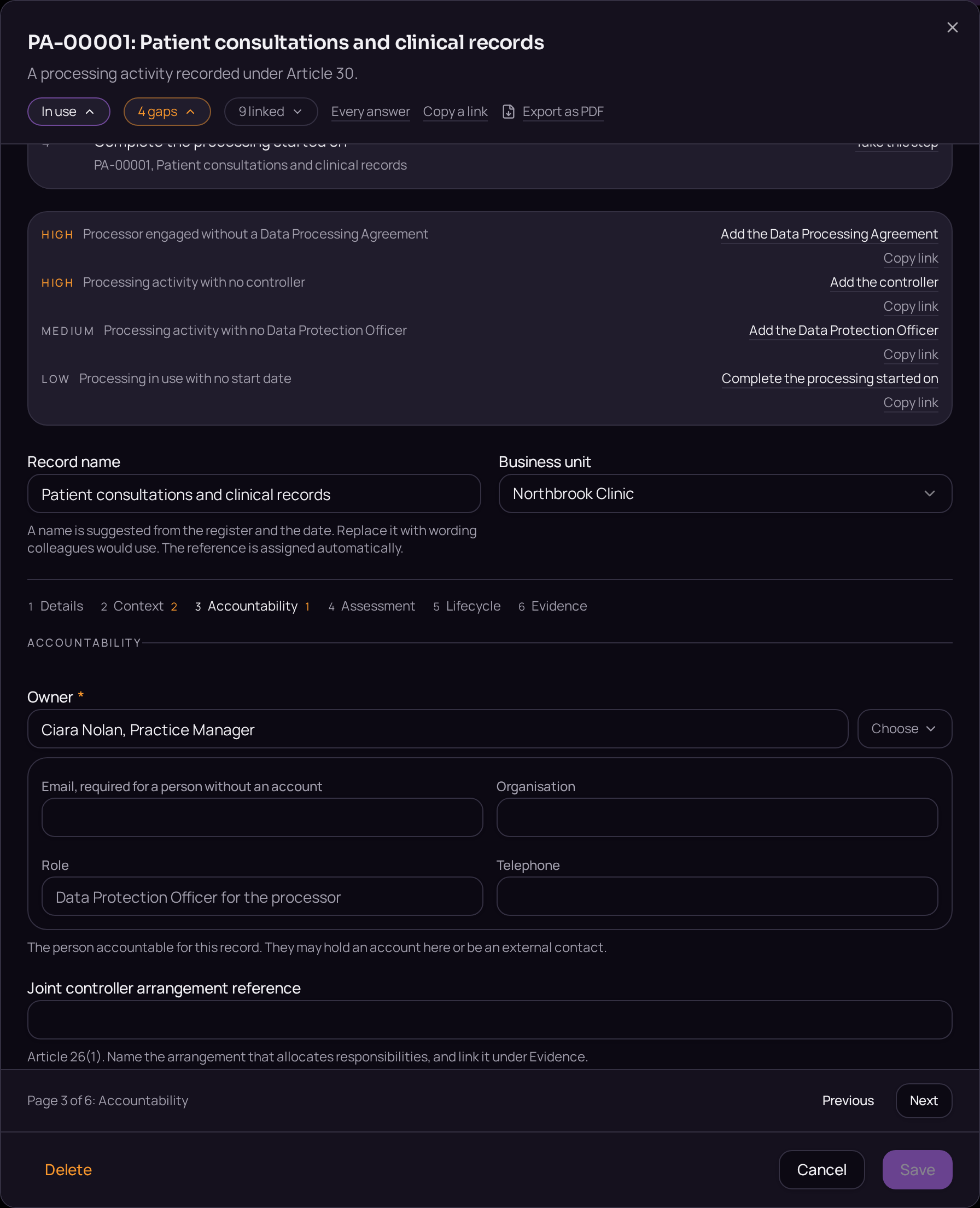 The accountability page, where ownership and approval are named.