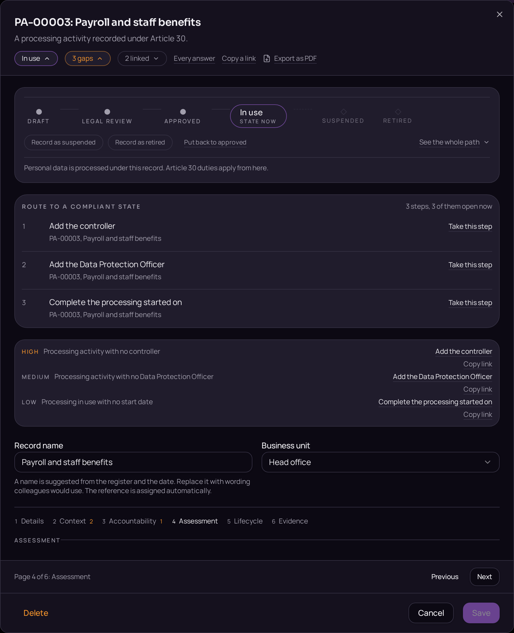 The assessment page of a processing activity, where screening and the assessment are recorded.