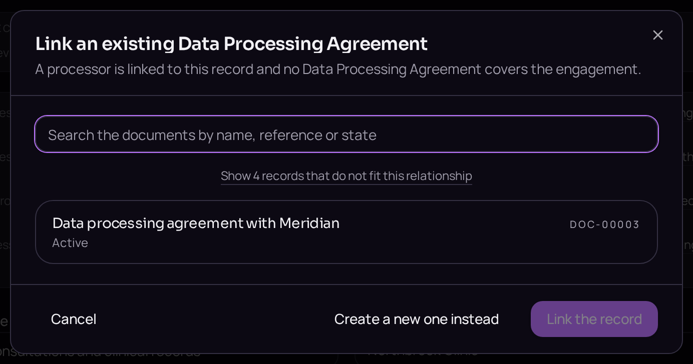 Linking an existing document. Records that do not fit the relationship are held back and can be revealed.