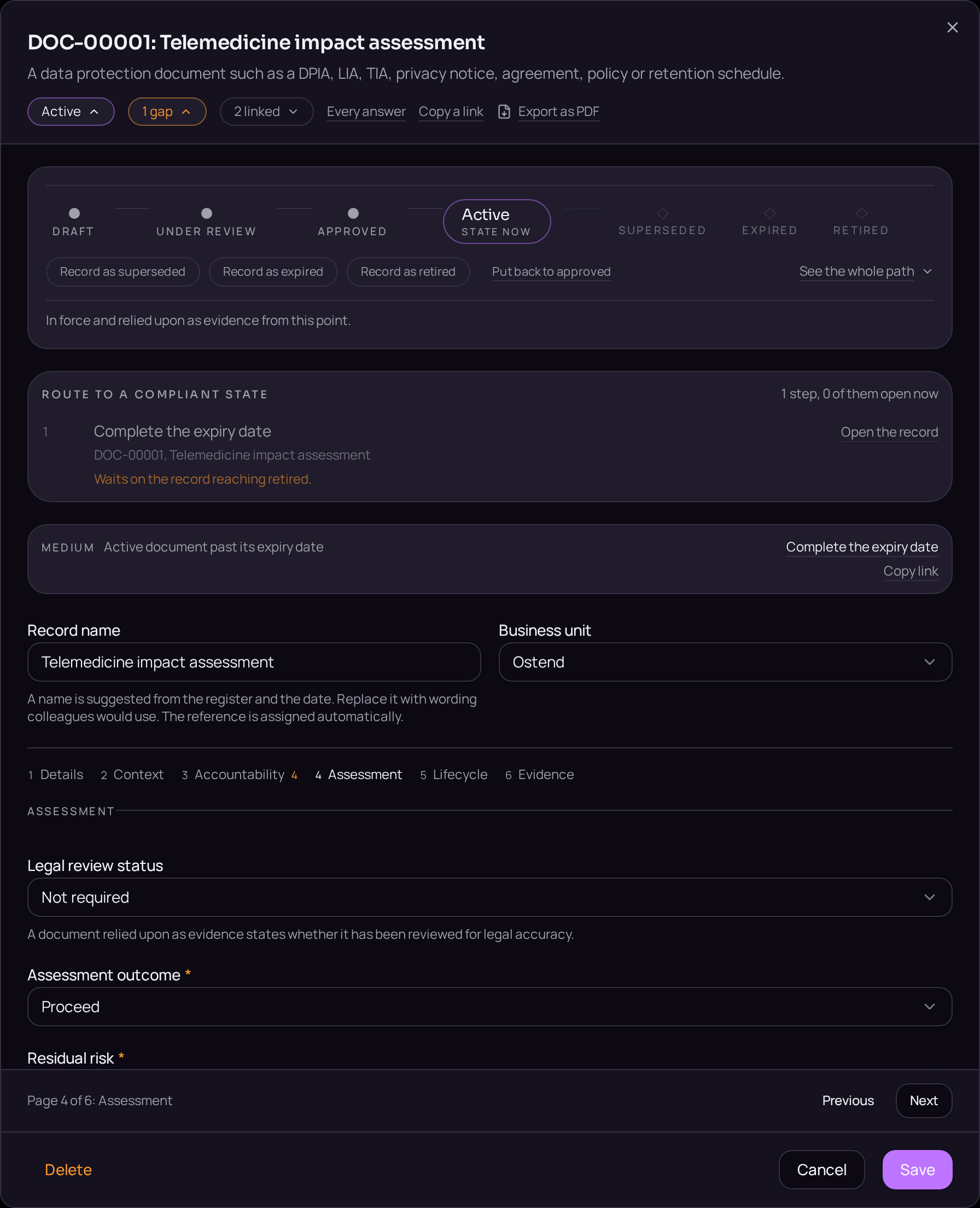 The Assessment tab, confirming whether a DPIA is triggered.