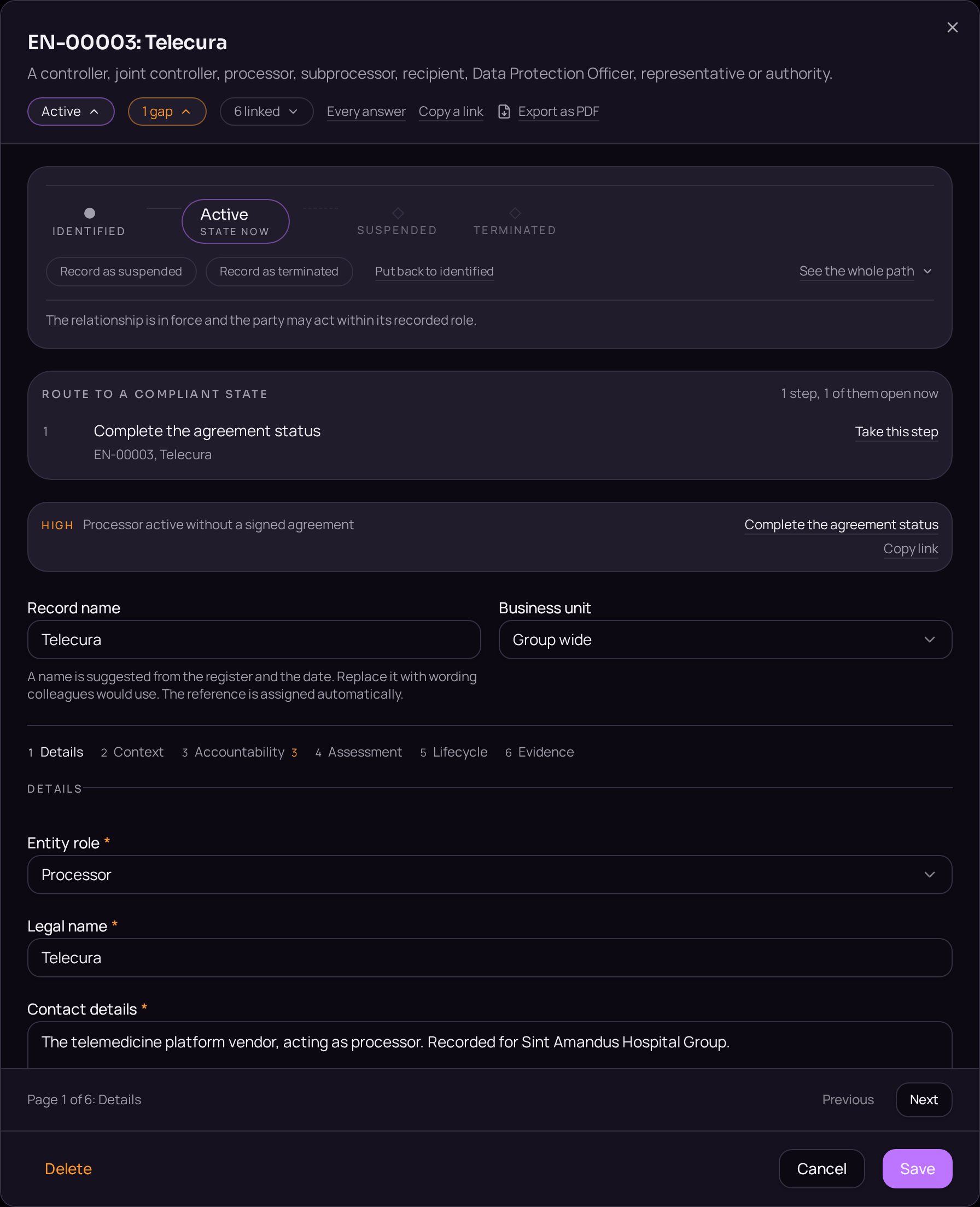 The Details tab, recording the authorisation type and notice period.