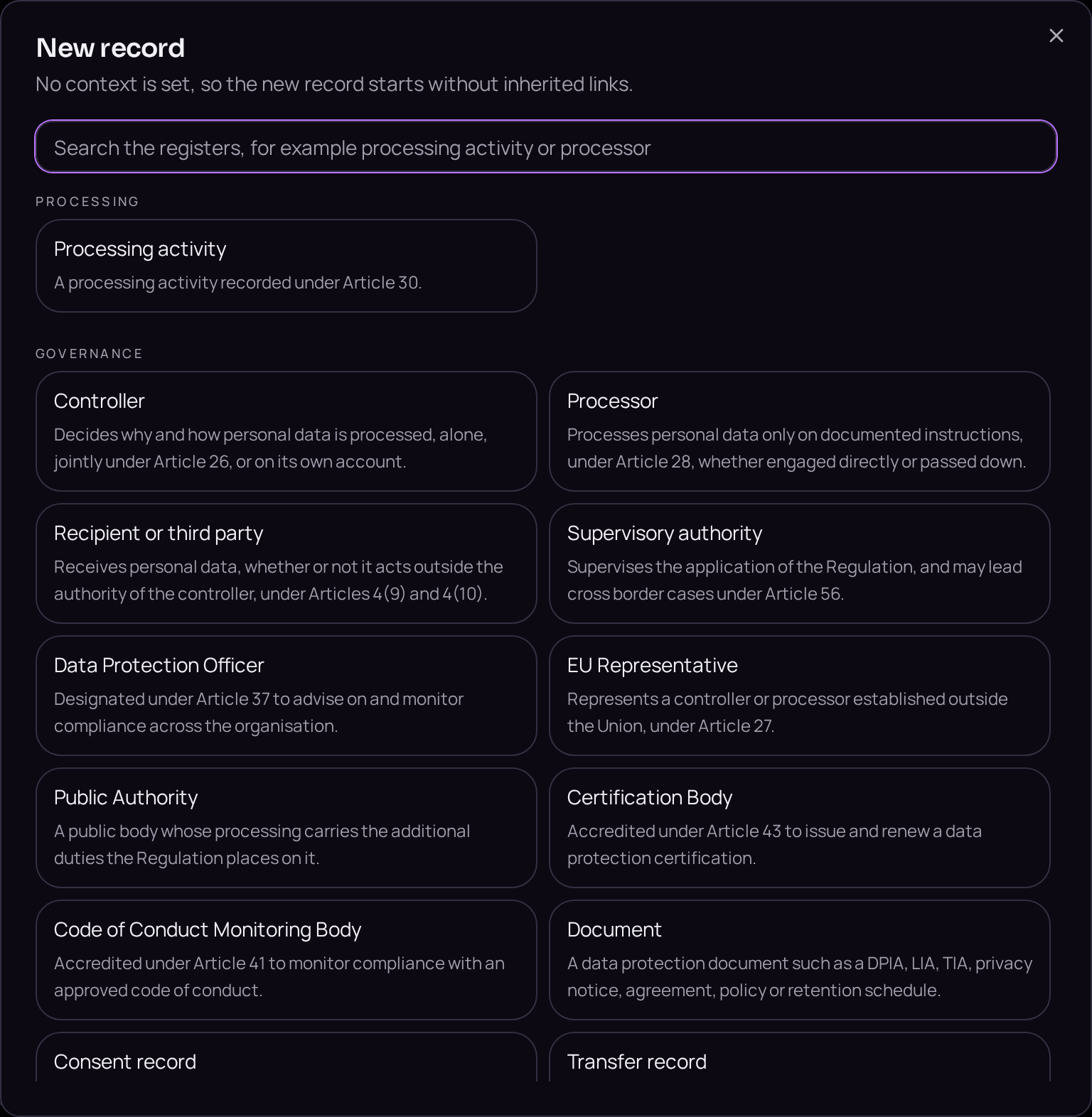 The new record menu, where a processing activity is started.