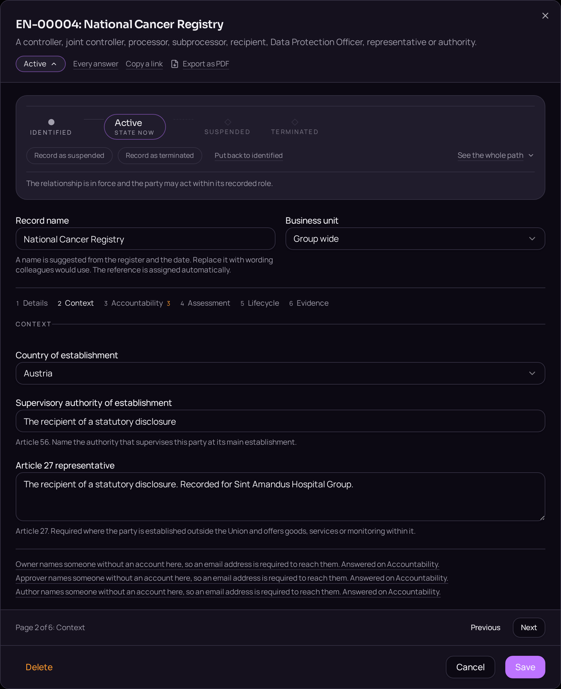The Context tab, where controllers, processors and recipients are linked with their roles.