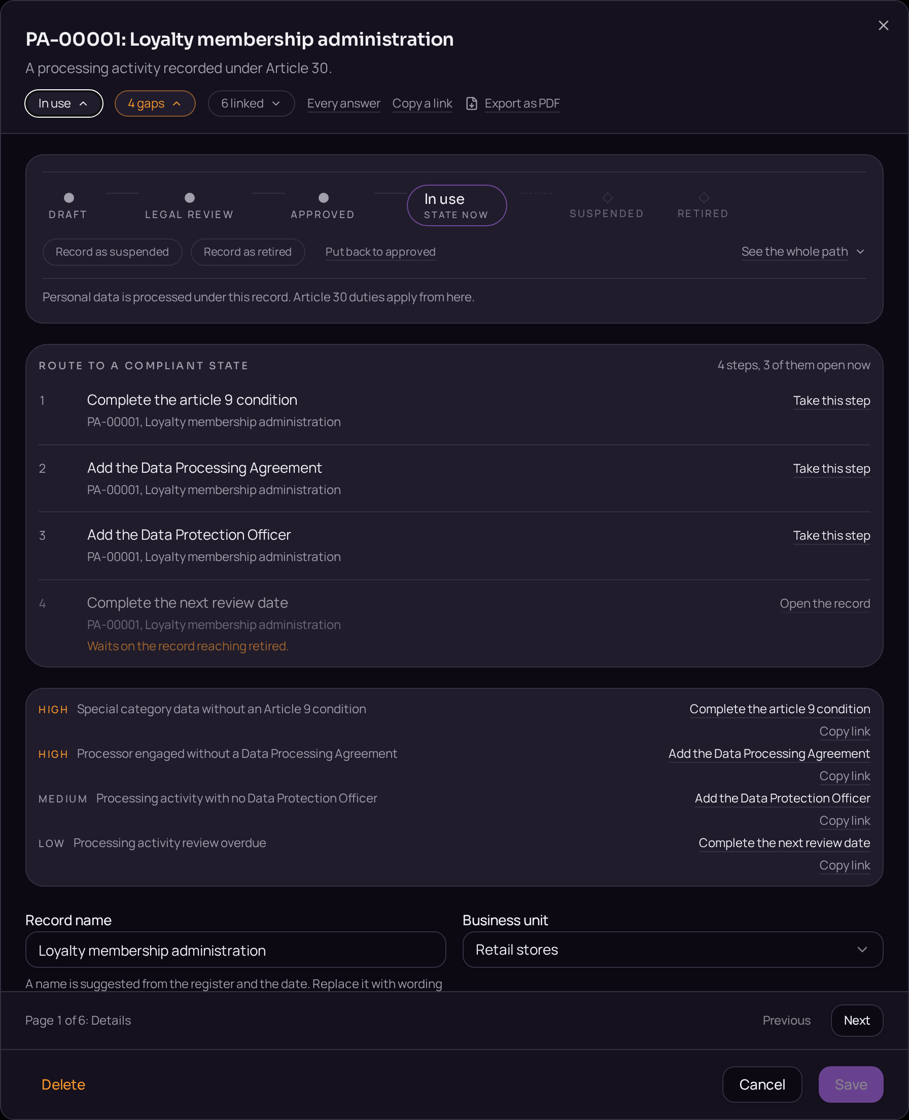 Creating a consent record, with the wording and the notice version captured.